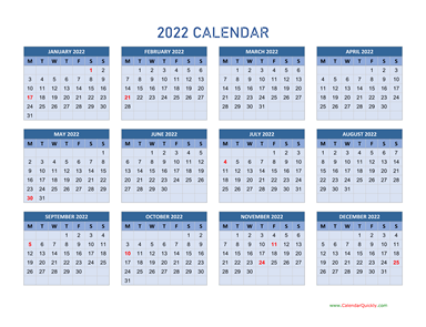 Monday 2022 Calendar Horizontal