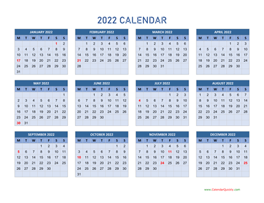 Monday 2022 Calendar Horizontal 