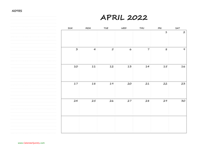 April Blank Calendar 2022 with Notes