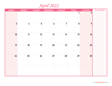 April Calendar 2022 with Notes