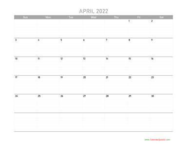 April Calendar 2022 Printable