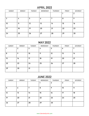 April to June 2022 Calendar Vertical