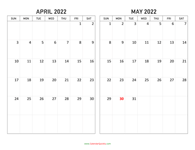 April and May 2022 Calendar Horizontal