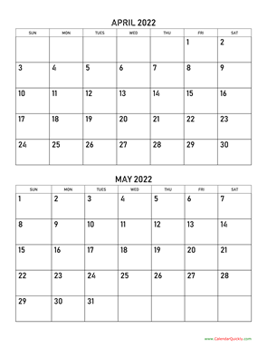 April and May 2022 Calendar Vertical