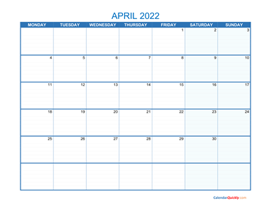 April Monday 2022 Blank Calendar