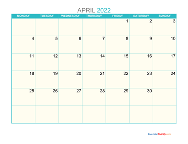 April Monday 2022 Calendar Printable