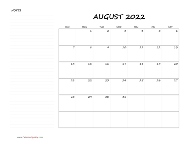 August Blank Calendar 2022 with Notes | Calendar Quickly