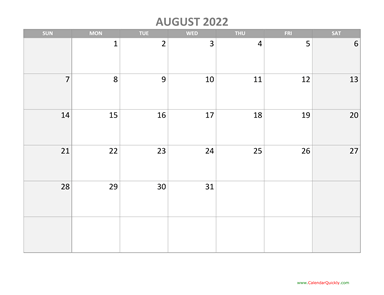 August Calendar 2022 with Holidays