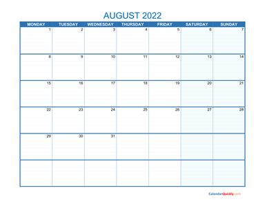 August Monday 2022 Blank Calendar