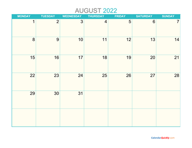 August Monday 2022 Calendar Printable