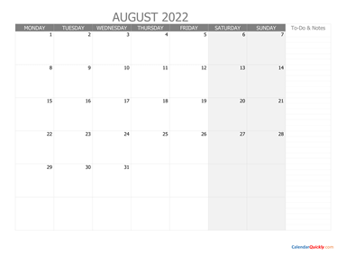 August Monday Calendar 2022 with Notes