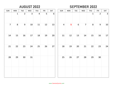 August and September 2022 Calendar Horizontal