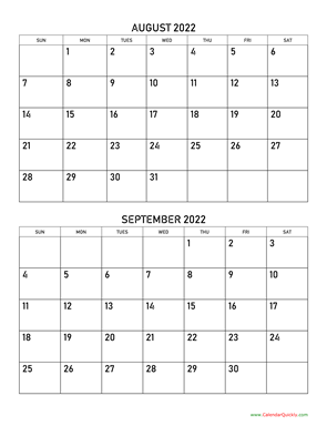 August and September 2022 Calendar Vertical