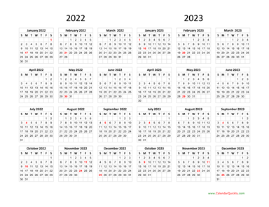 Calendar 2022 and 2023 on One Page