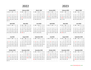 Calendar 2022 and 2023 on One Page | Calendar Quickly