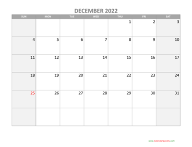 December Calendar 2022 with Holidays