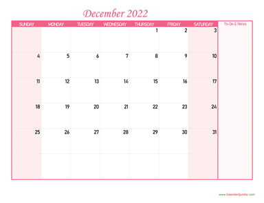 December Calendar 2022 with Notes