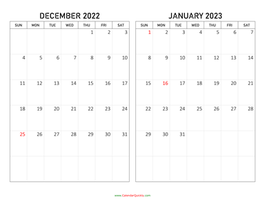 December 2022 and January 2023 Calendar Horizontal