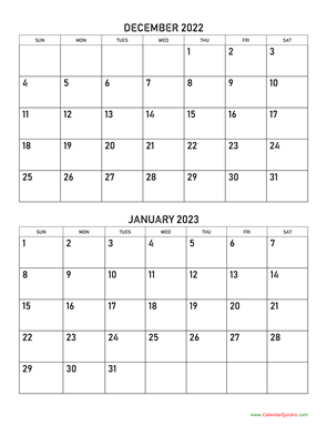 December 2022 and January 2023 Calendar Vertical