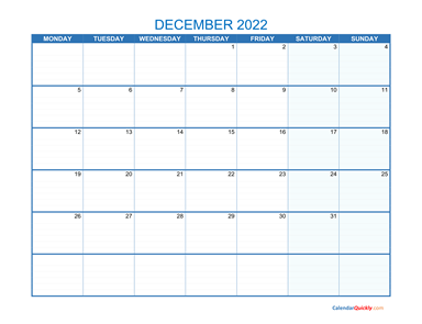 December Monday 2022 Blank Calendar