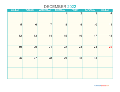 December Monday 2022 Calendar Printable