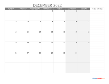 December Monday Calendar 2022 with Notes
