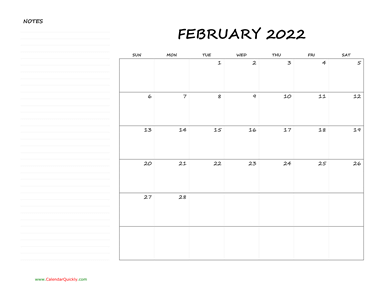 February Blank Calendar 2022 with Notes