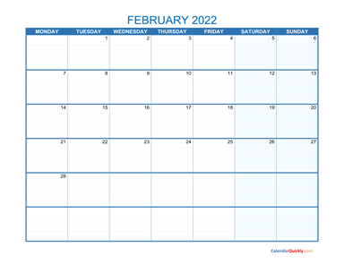 February Monday 2022 Blank Calendar