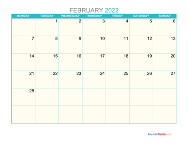 February Monday 2022 Calendar Printable