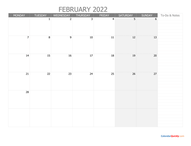 February Monday Calendar 2022 with Notes