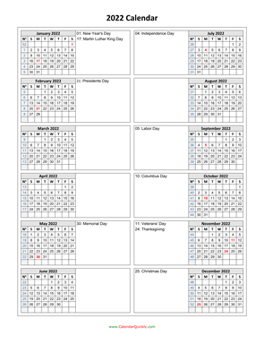 Holidays Calendar 2022 Vertical