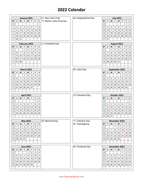 Holidays Calendar 2022 Vertical | Calendar Quickly