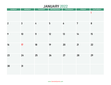 January 2022 Printable Calendar