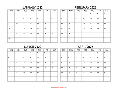 January to April 2022 Calendar