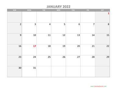 January Calendar 2022 with Holidays