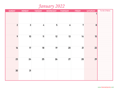 January Calendar 2022 with Notes