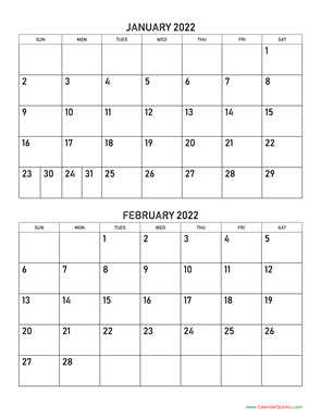 January and February 2022 Calendar Vertical