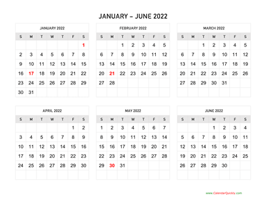 January to June 2022 Calendar Horizontal