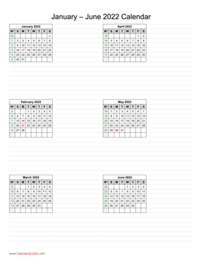 January to June 2022 Calendar Vertical