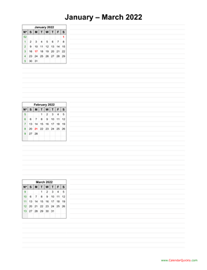 January to March 2022 Calendar with Notes