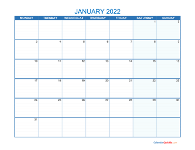 January Monday 2022 Blank Calendar