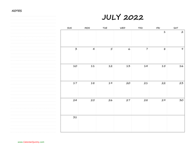 July Blank Calendar 2022 with Notes