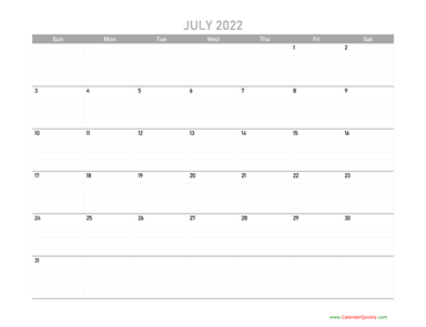July Calendar 2022 Printable