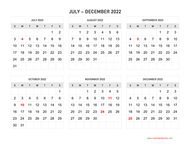 July to December 2022 Calendar Horizontal