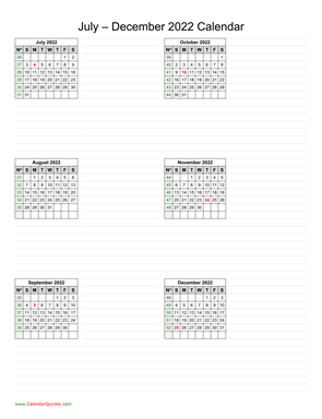 July to December 2022 Calendar Vertical