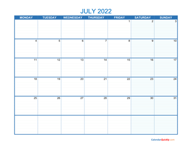 July Monday 2022 Blank Calendar