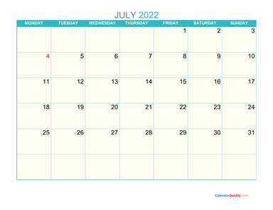 July Monday 2022 Calendar Printable