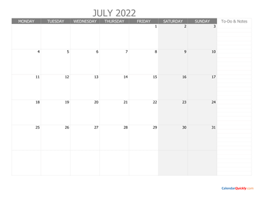 July Monday Calendar 2022 with Notes