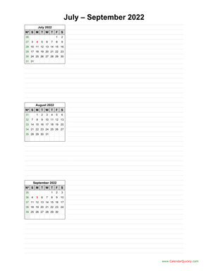 July to September 2022 Calendar with Notes