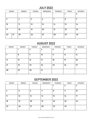 July to September 2022 Calendar Vertical